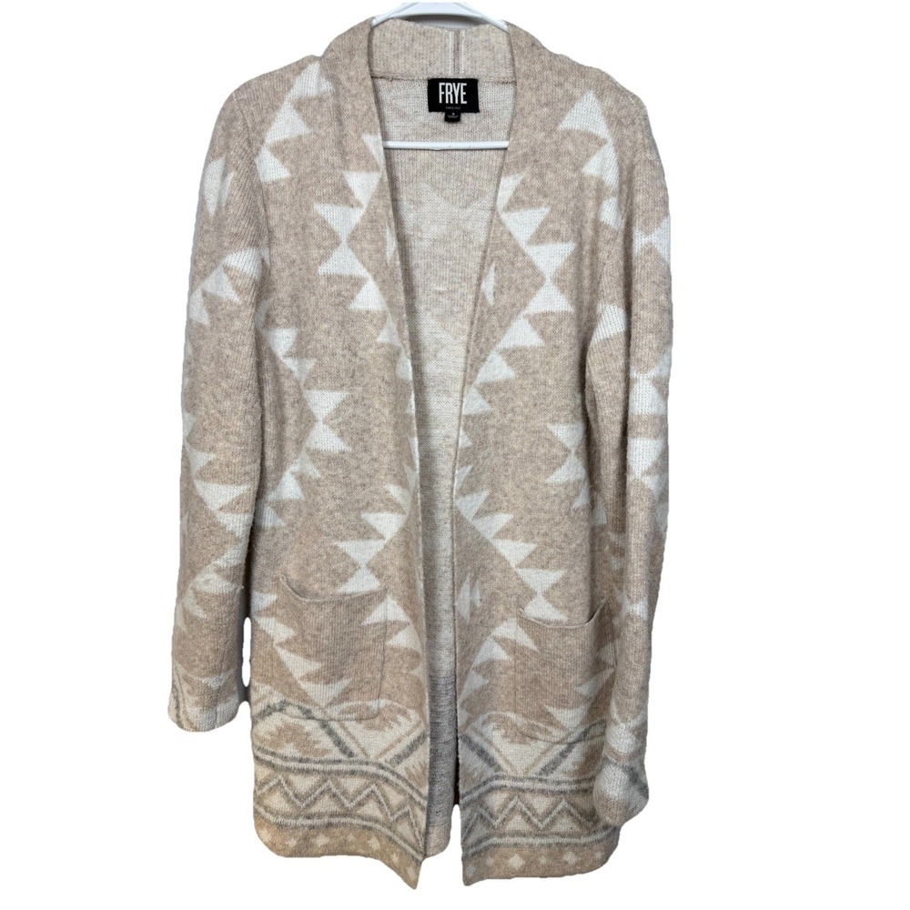 Frye Womens Open Front Cardigan Sweater Beige Southwestern Aztec Long Knit Small